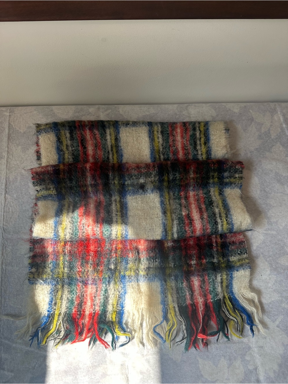 Vintage Cozy Plaid Fringe Mohair-Style Scarf in Cream, Red, Blue & Yellow